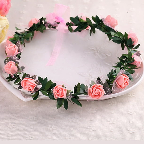 Pink Bridal Flower Headband Crown Beach Hairband Floral Garland Headpiece